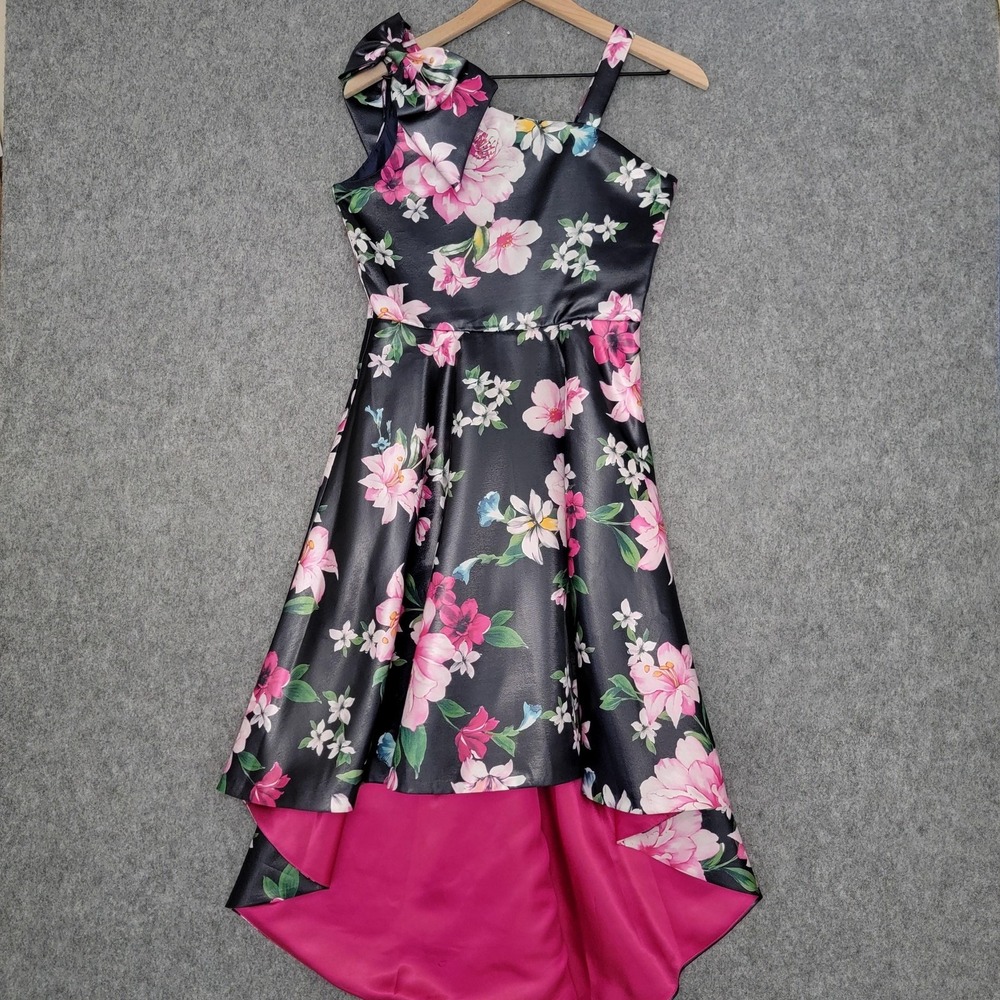Rare Editions Dress Girls 16 Blue Pink Floral One Shoulder Bow High Low Satin